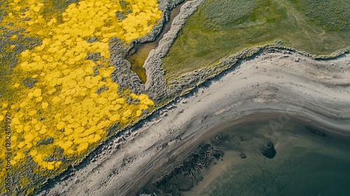 Aerial View of Coastal Landscape with Yellow and Green Vegetation