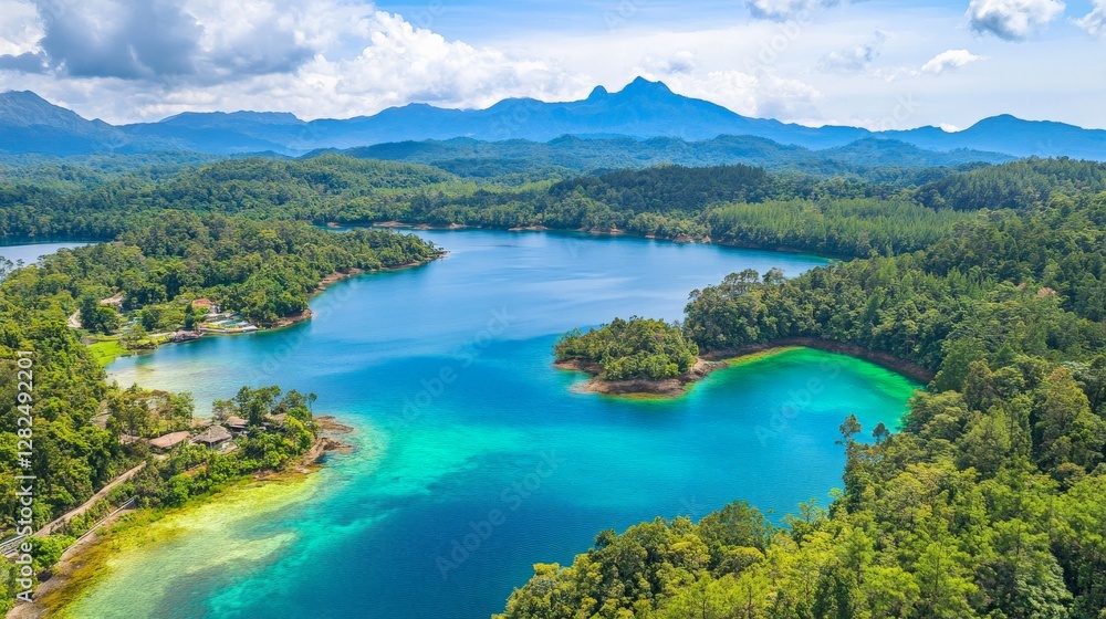 Serene Lake Surrounded by Lush Greenery and Peaks Serene Lake Surrounded by Lush Greenery and Peaks