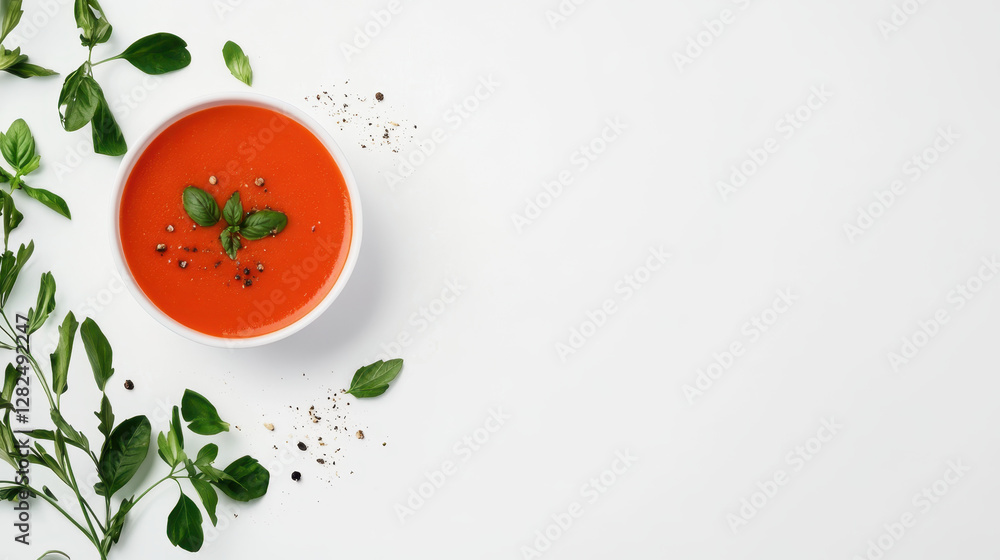 Fresh Tomato Soup with Herbs on White Background for Food Lovers Fresh Tomato Soup with Herbs on White Background for Food Lovers