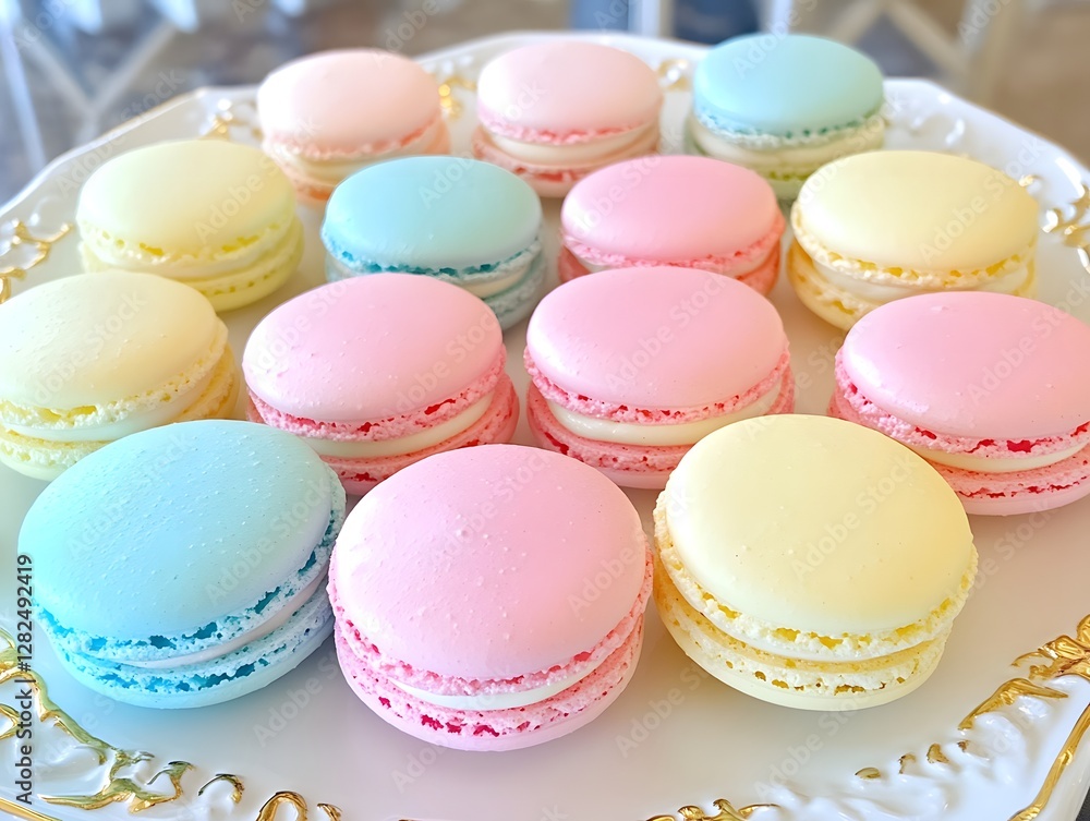 Obraz premium Colorful Macaron Collection on Plate Delicious French Pastry Treats