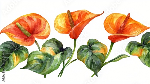 Fototapeta Naklejka Na Ścianę i Meble -  Orange anthurium flowers watercolor border, white background, floral design, cards