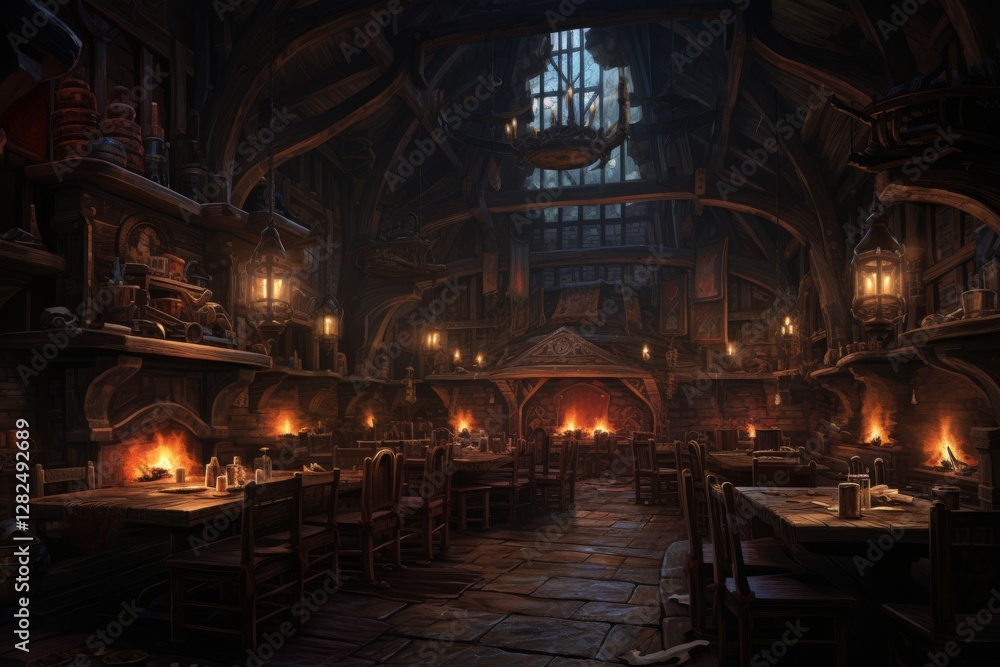 Medieval tavern interior filled with dining tables, chairs and lanterns Medieval tavern interior filled with dining tables, chairs and lanterns