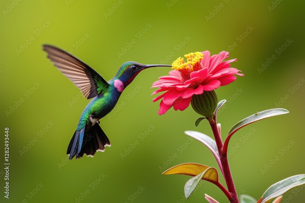 Fototapeta premium A Vibrantly Colored Hummingbird Feeding on a Bright Pink Flower in a Lush Garden Setting, Showcasing Nature's Beauty and Intricate Details