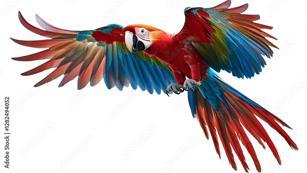 Fototapeta premium Vibrant Scarlet Macaw in Flight | Colorful Parrot Isolated on White Background