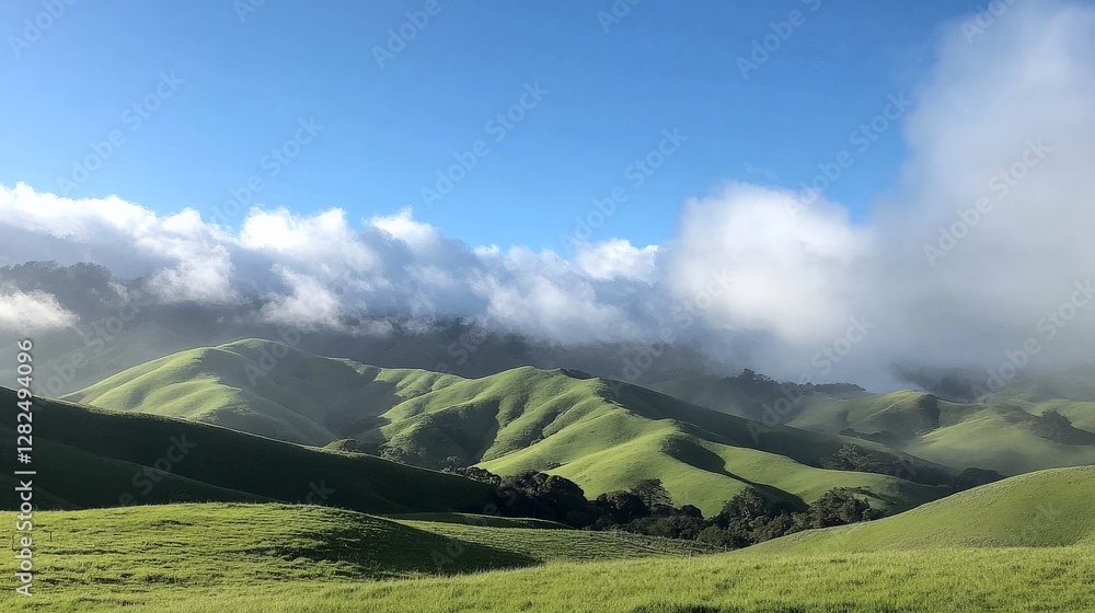 Fototapeta premium Serene Green Hills Under Bright Blue Summer Sky