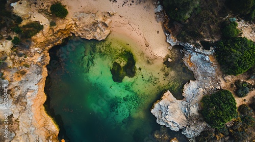 Aerial View of Secluded Coastal Cove with Green Water