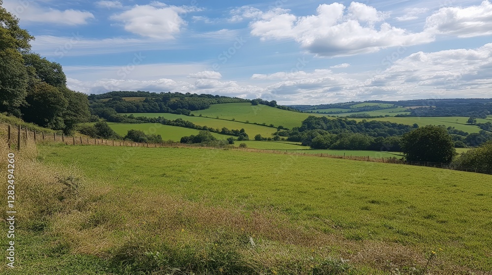 Fototapeta premium Bright Green Hills Under Blue Sky with Fluffy Clouds