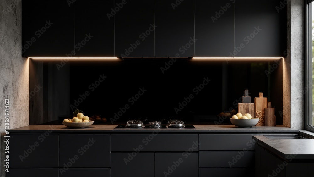 Fototapeta premium Modern kitchen with black backsplash, featuring a gas stove, under-cabinet lighting, and bowls of lemons.