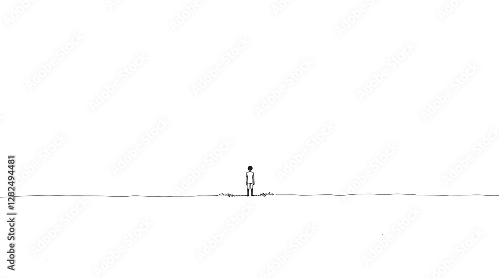 A minimalist line drawing of a solitary figure standing on a desolate beach, thin black lines on off-white paper, subtle shading, simple composition, emphasis on negative space. A minimalist line drawing of a solitary figure standing on a desolate beach, thin black lines on off-white paper, subtle shading, simple composition, emphasis on negative space.