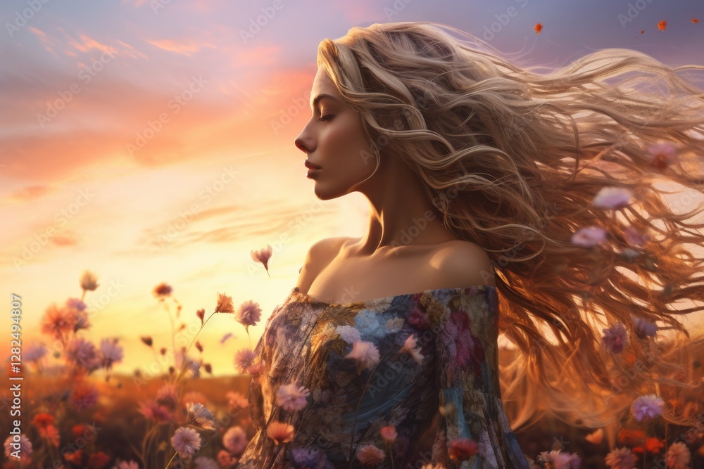 Obraz premium Serene sunset, woman gazes forward, long hair, floral field, pastel sky