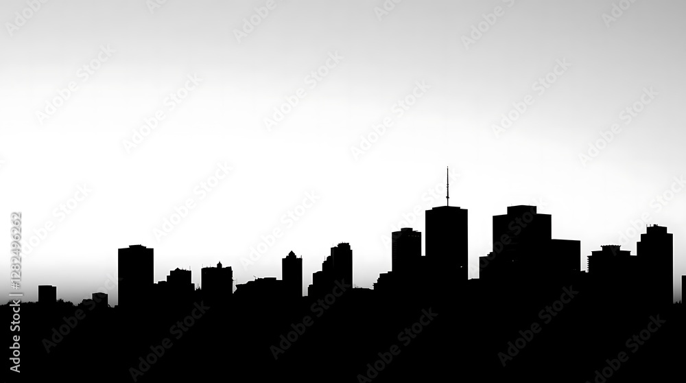 A minimalist photograph of a city skyline at dawn, featuring a long exposure shot with a high contrast, showcasing the silhouettes of buildings against a pale sky, in black and white. A minimalist photograph of a city skyline at dawn, featuring a long exposure shot with a high contrast, showcasing the silhouettes of buildings against a pale sky, in black and white.