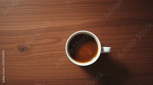 A minimalist photograph of a cup of coffee on a wooden table, shot from an overhead angle in natural light, showcasing warm, earthy tones and subtle texture, emphasizing the simplicity of ev.