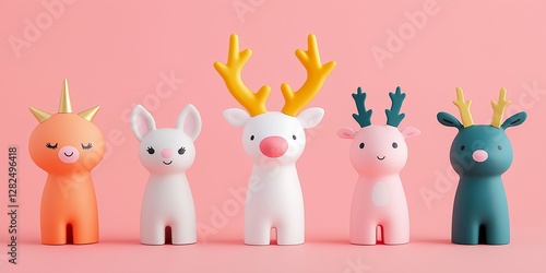 Cute Reindeer Monster Fun Children's Creatures Group Pink Background.