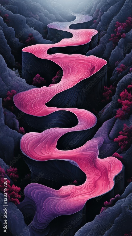 Obraz premium Digital illustration of a winding pink river flowing through a dark, rocky landscape