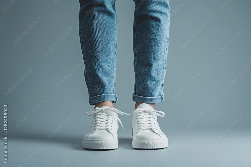A pair of white sneakers and blue jeans, worn by an Asian male model against a gray background. The focus is on his feet with a low-angle shot, highlighting their details. A pair of white sneakers and blue jeans, worn by an Asian male model against a gray background. The focus is on his feet with a low-angle shot, highlighting their details.