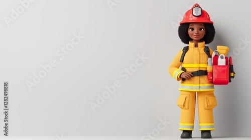 African American Woman Firefighter Doll in Yellow Protective Uniform Feminist Icon Toy.