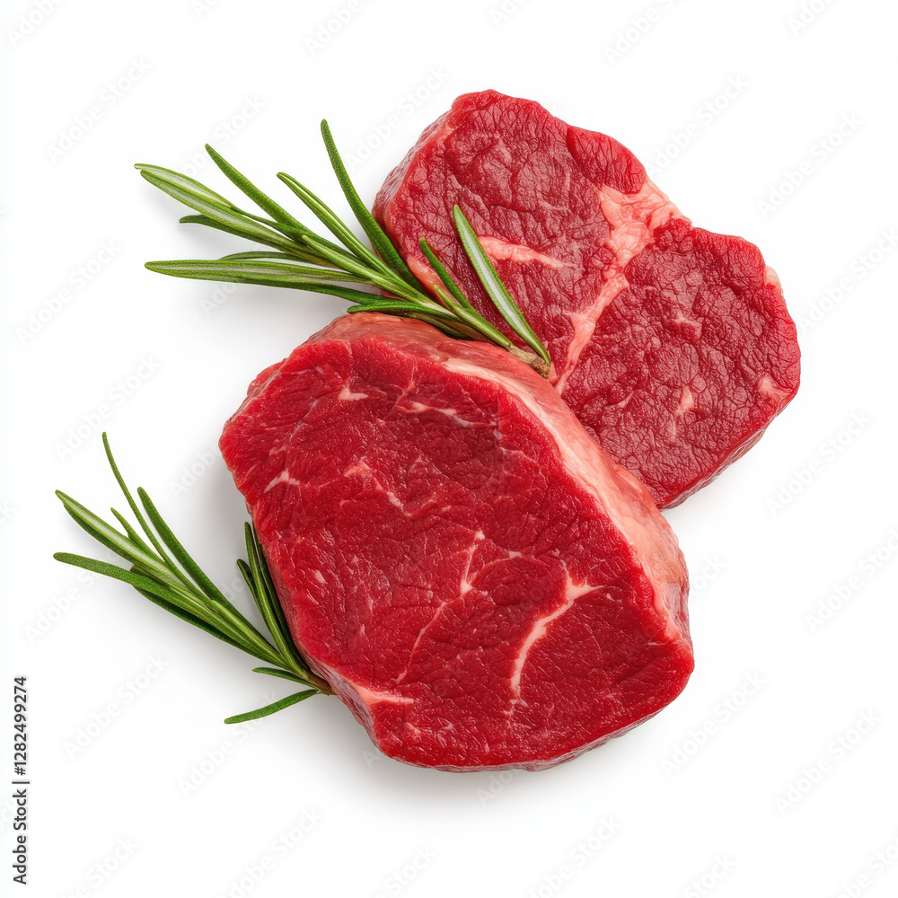 Fresh Red Meat Cuts with Green Rosemary Sprigs on White Background