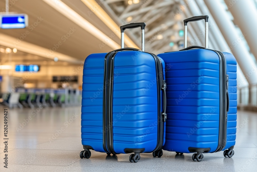 Two suitcases in an empty airport hall, traveler cases in the departure airport terminal waiting for the area, vacation concept, blank space for text message or design Two suitcases in an empty airport hall, traveler cases in the departure airport terminal waiting for the area, vacation concept, blank space for text message or design