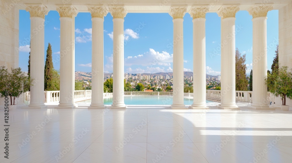 Fototapeta premium White marble columns on a luxury terrace overlook a swimming pool and distant city under a bright blue sky.
