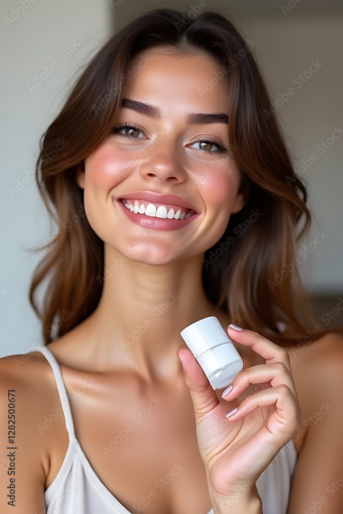 woman holds a white deodorant rollerball, smiling confidently at the camera. woman holds a white deodorant rollerball, smiling confidently at the camera.
