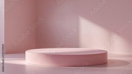 A clean and empty cosmetic shelf with spotlights on a pink wall showcasing jars, bottles, and containers for skincare, lotion, and health products photo