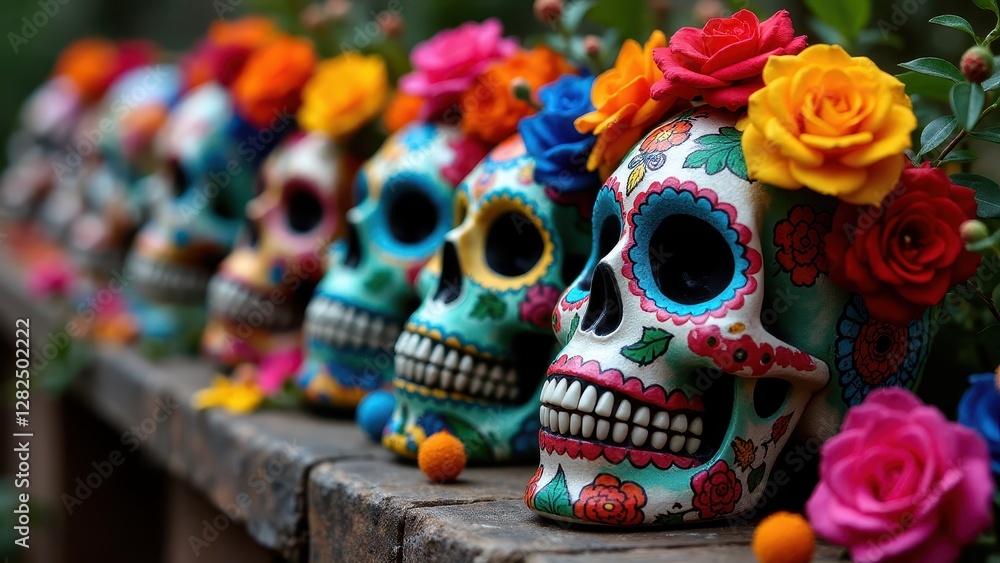 Fototapeta premium Colorful Dia de los Muertos skulls adorned with vibrant flowers in a row.