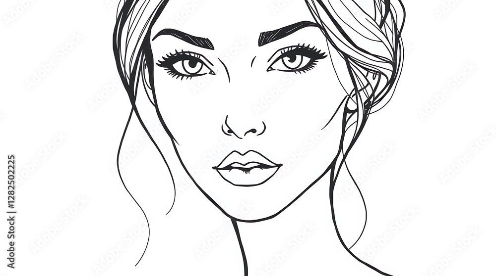 Minimalist line art drawing of a woman with sharp, angular features, pale skin, and dark hair, simple lines, elegant style, black ink on white paper, close-up framing. Minimalist line art drawing of a woman with sharp, angular features, pale skin, and dark hair, simple lines, elegant style, black ink on white paper, close-up framing.