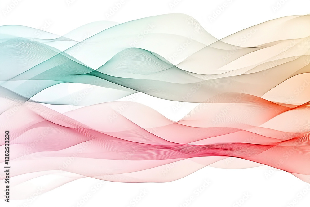 Abstract waves in soft pastel colors flowing gracefully across a white background, creating a serene atmosphere Abstract waves in soft pastel colors flowing gracefully across a white background, creating a serene atmosphere