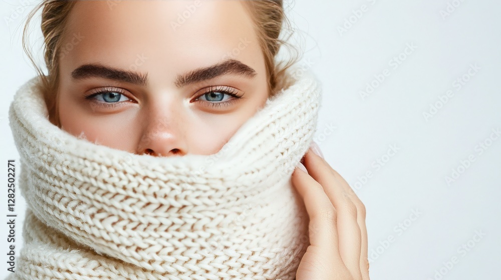 Woman's Face Partially Hidden by a Knitted Scarf. Woman's Face Partially Hidden by a Knitted Scarf.