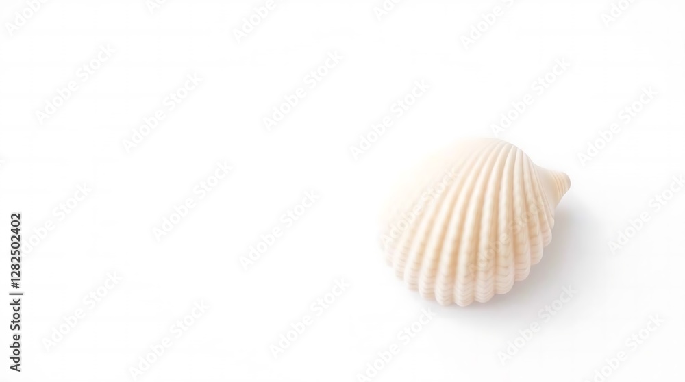 Minimalist photo of a single, perfectly formed seashell, light beige color, smooth surface texture, shallow depth of field, isolated on a pure white background. Minimalist photo of a single, perfectly formed seashell, light beige color, smooth surface texture, shallow depth of field, isolated on a pure white background.
