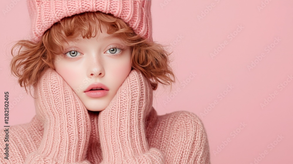 Redhead girl in pink knitted hat and sweater Redhead girl in pink knitted hat and sweater