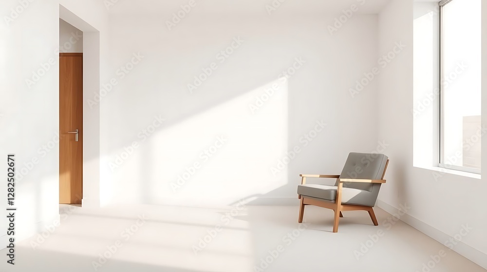 Minimalist photograph of a sparsely furnished room with a single armchair, natural light illuminating the scene, showcasing a serene atmosphere, neutral colors and clean architecture. Minimalist photograph of a sparsely furnished room with a single armchair, natural light illuminating the scene, showcasing a serene atmosphere, neutral colors and clean architecture.