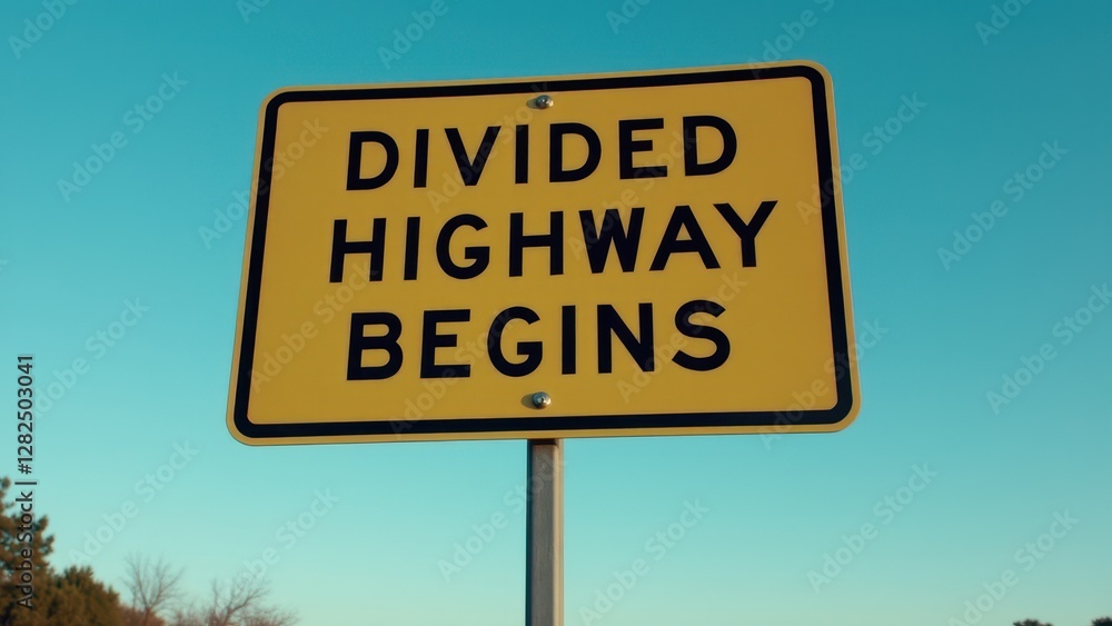 A yellow road sign indicating the start of a divided highway. A yellow road sign indicating the start of a divided highway.