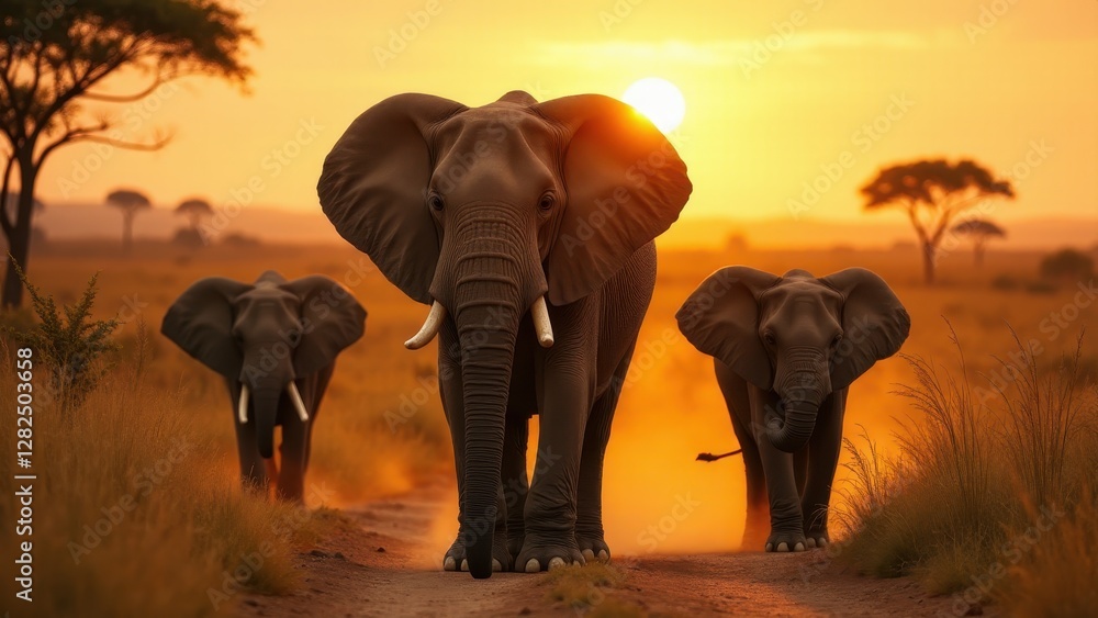 Fototapeta premium Three elephants walking on a dirt path in the savannah at sunset, perfect for an elephant wallpaper.