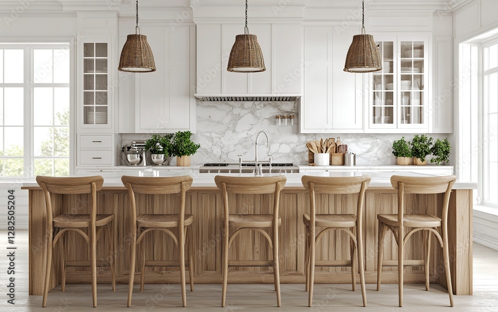 3D rendering of a luxury modern farmhouse kitchen with an island and barstools in light wood, white cabinets, and a marble backsplash. Soft, warm lighting illuminates the front view. 3D rendering of a luxury modern farmhouse kitchen with an island and barstools in light wood, white cabinets, and a marble backsplash. Soft, warm lighting illuminates the front view.