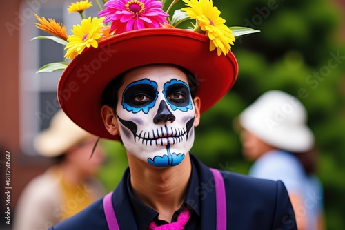 A Young Male Celebrant in a Colorful Hat with Flowers and Intricate Sugar Skull Makeup at a Festive Day of the Dead Celebration in a Lively Outdoor Environment photo