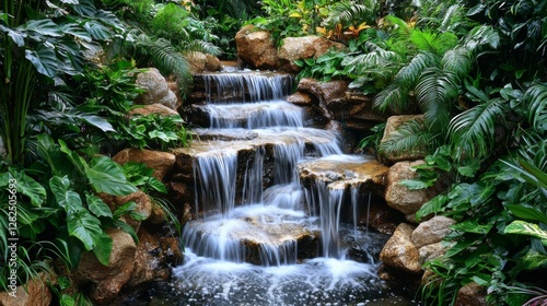 Serene Waterfall Surrounded by Lush Greenery in Tranquil Natural Setting for Relaxation and Peaceful Retreat