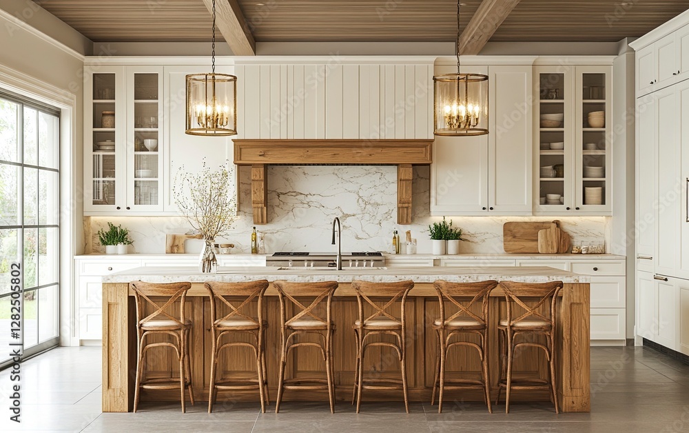Fototapeta premium 3D rendering of a luxury modern farmhouse kitchen with an island and barstools in light wood, white cabinets, and a marble backsplash. Soft, warm lighting illuminates the front view. 