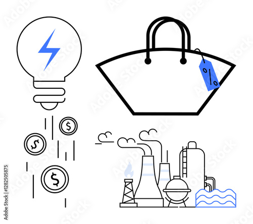 Lightbulb emitting dollar signs, shopping bag with price tag, and an industrial plant with smoke and water flow. Ideal for energy, economics, shopping, industry, environment, sustainability