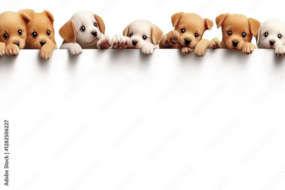 Obraz premium Cute Puppies Peeking Over a White Banner in a Whimsical Design for Pet Lovers