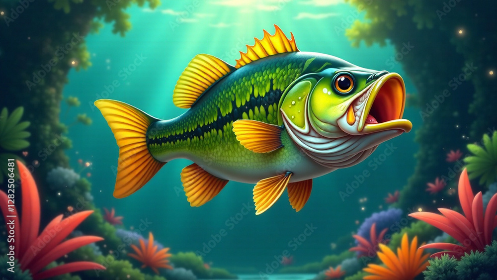 A vibrant, cartoon largemouth bass, swimming in a lush, underwater scene with dramatic lighting, evoking a sense of wonder and adventure. Focus on detailed textures and vibrant colors. Professional A vibrant, cartoon largemouth bass, swimming in a lush, underwater scene with dramatic lighting, evoking a sense of wonder and adventure. Focus on detailed textures and vibrant colors. Professional