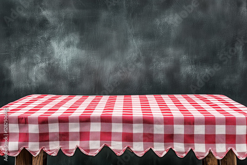 Red and White Checked Tablecloth on Wooden Table Against Dark Background photo