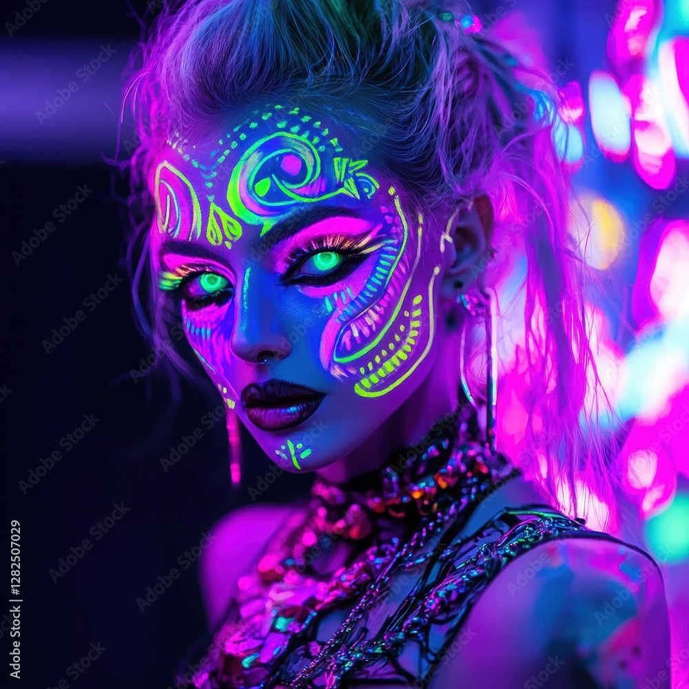 Vibrant Neon Portrait of Artistic Model with Paint on Face