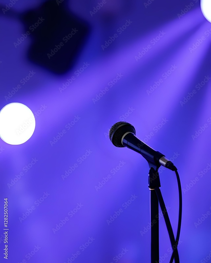 Obraz premium image d'un micro pour chanter ou faire des discours et à l'arrière il y a des spots lumineux et colorés, 