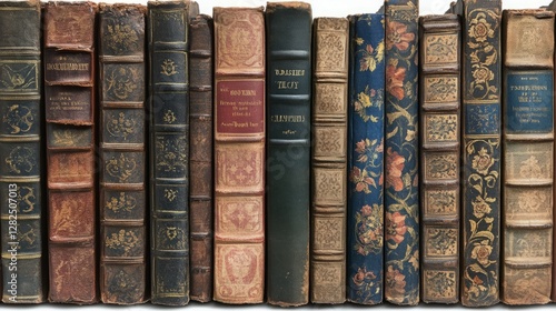 A collection of antique books with intricate detailing on their spines. The rich, warm tones and aged leather create a sense of history and nostalgia.