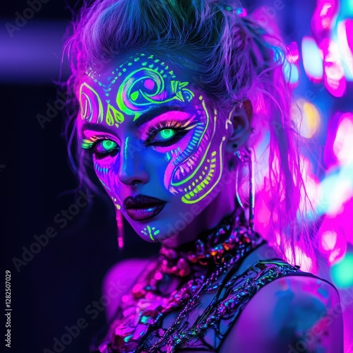 Obraz na płótnie Vibrant Neon Portrait of Artistic Model with Paint on Face w salonie