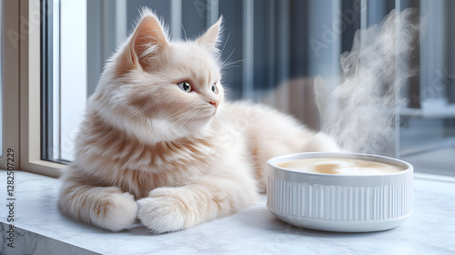 Elegant fluffy cream-colored cat resting on a marble windowsill beside a steaming cup of coffee
