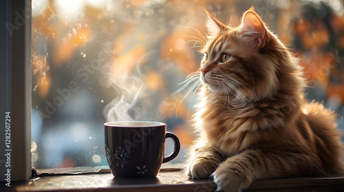 Beautiful ginger cat resting on a window ledge, watching the outside world with a warm drink beside it
