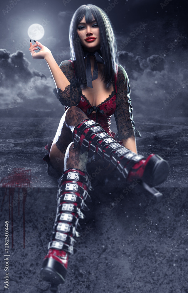 Obraz premium 3D Rendered Beautiful Alternative Punk Goth Urban Fantasy Woman with Red and Black Platform Boots Posing Seductively on a Roof at Night