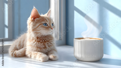 Charming cream-colored cat with blue eyes gazing out the window, sitting beside a cup of steaming coffee
